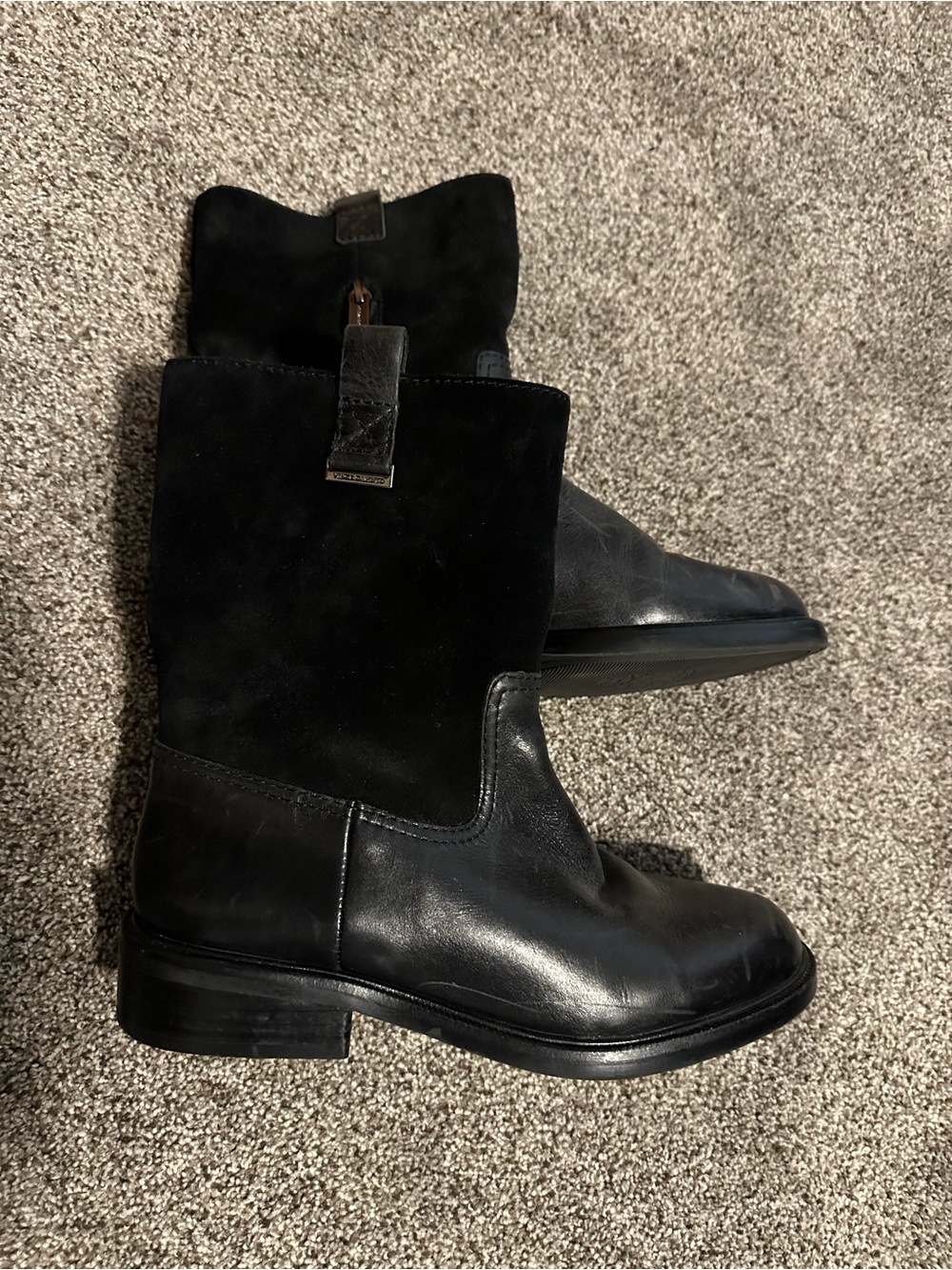 Vince Camuto Black Leather Suede Moto Boots Women’s 8M / EU 39 Ankle Mid Calf